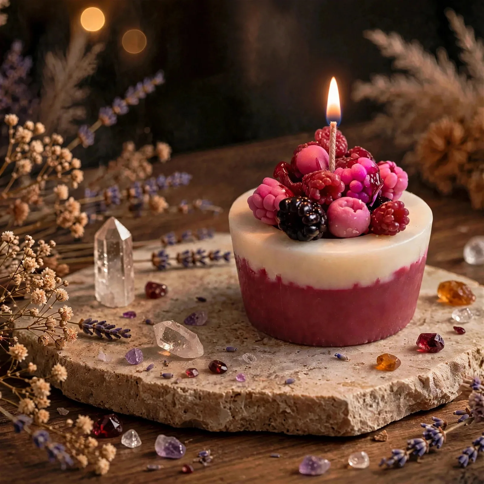 Berry Cheesecake Candle — lit with a warm flame