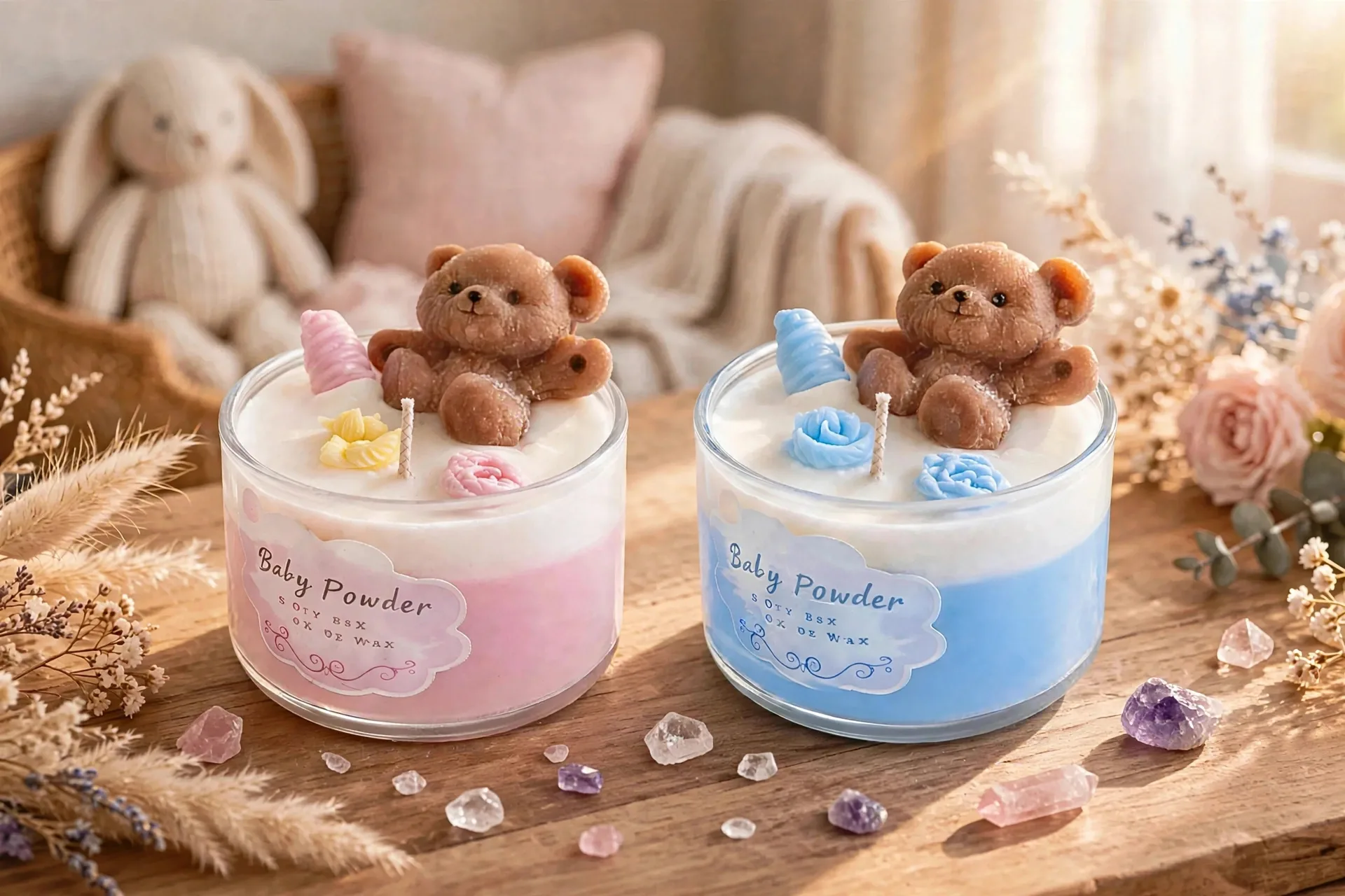 Teddy bear soy candle gift styled with soft natural light