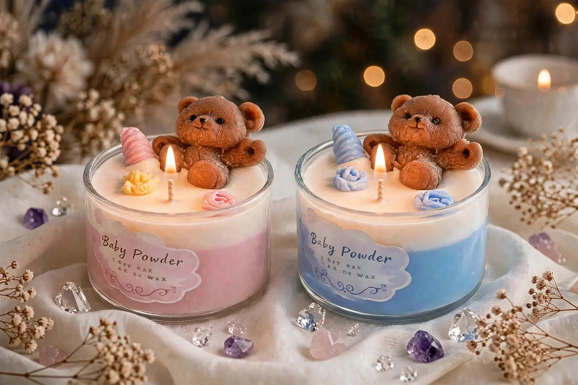 Custom Teddy Bear Soy Candle — lit with a warm flame