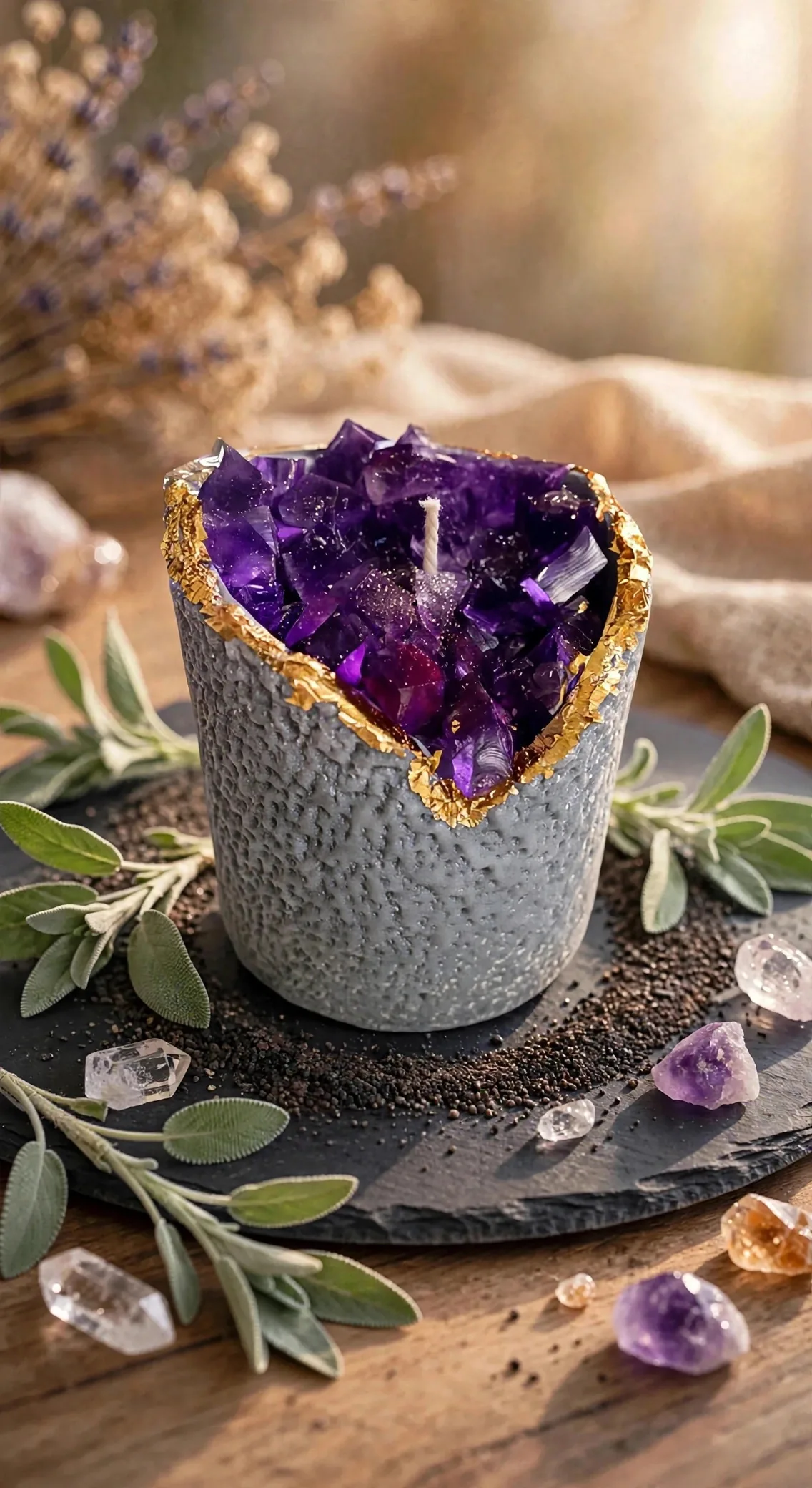 Geode Crystal Pillar Candle - Coconut Soy Wax, Handmade Decorative Candle, Modern Boho Decor