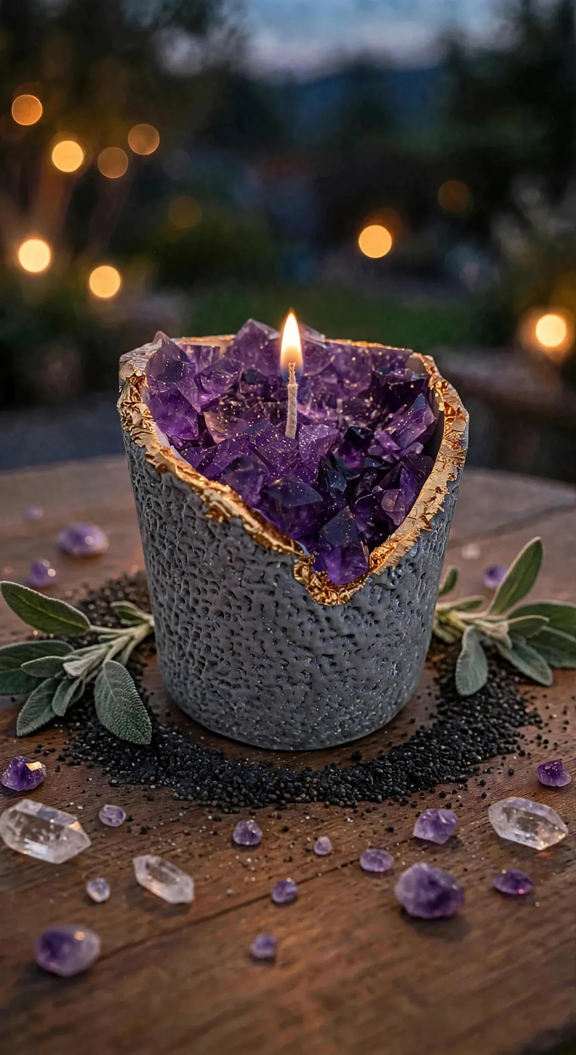 Geode Crystal Pillar Candle - Coconut Soy Wax — lit with a warm flame
