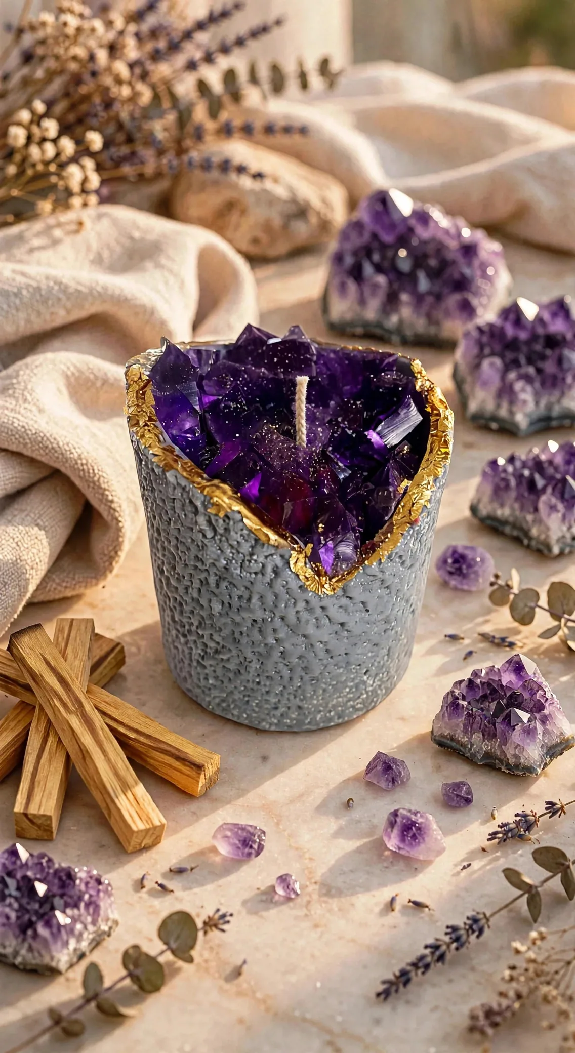 Geode Crystal Pillar Candle - Coconut Soy Wax — styled home decor scene