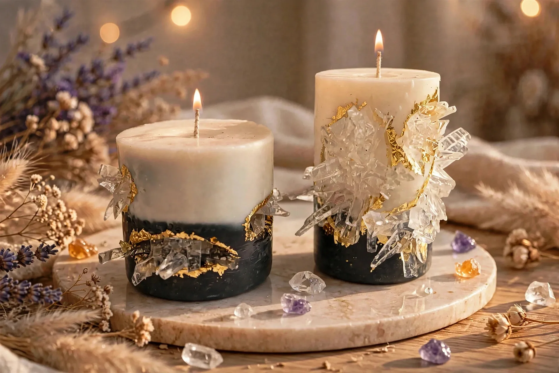 Crystal Pillar Candle Set — lit with a warm flame