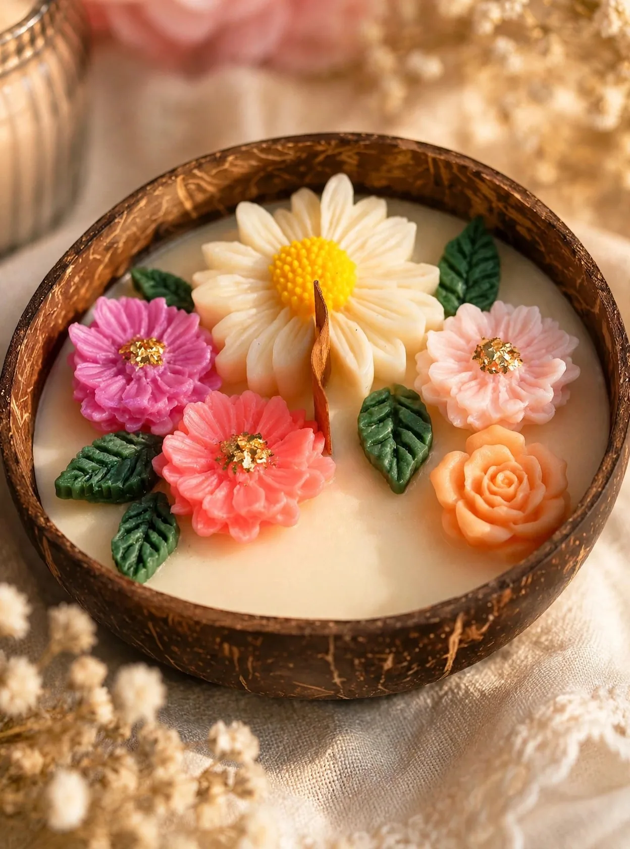 English Garden Coconut Shell Candle — close-up detail