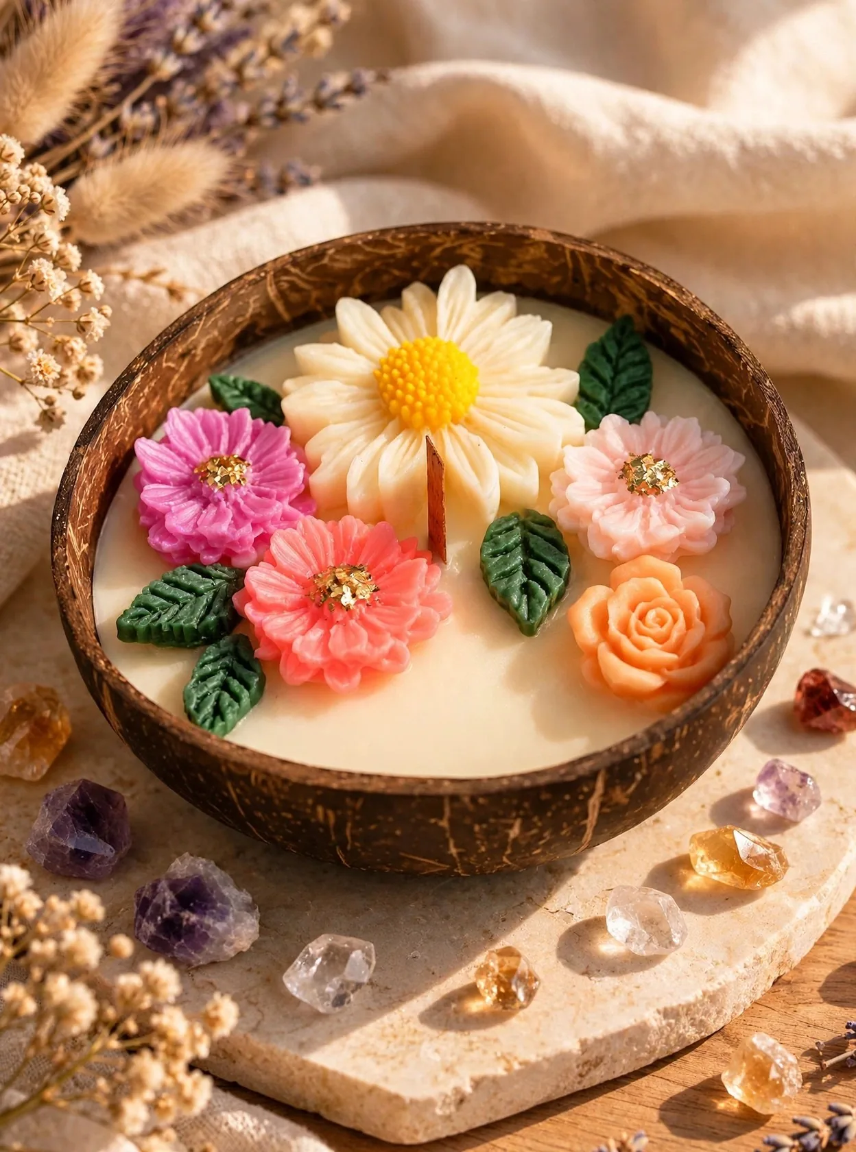 English Garden Coconut Shell Candle, Floral Spring Scent, Apricot Coconut Wax, Botanical Decor