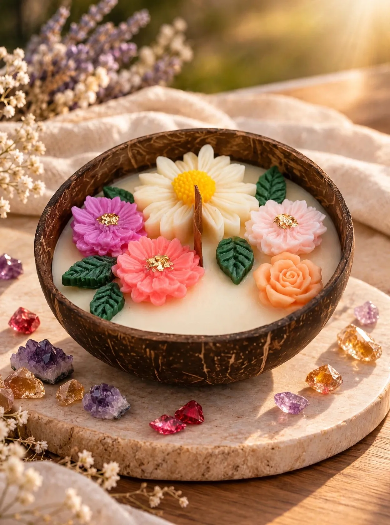 English Garden Coconut Shell Candle — lifestyle photo