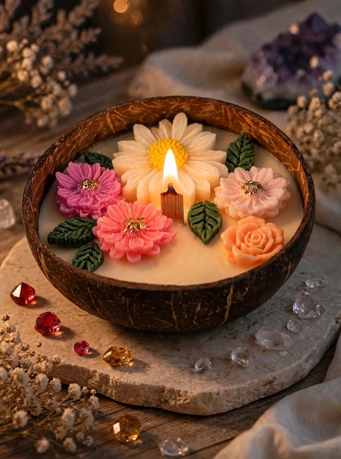 English Garden Coconut Shell Candle — lit with a warm flame