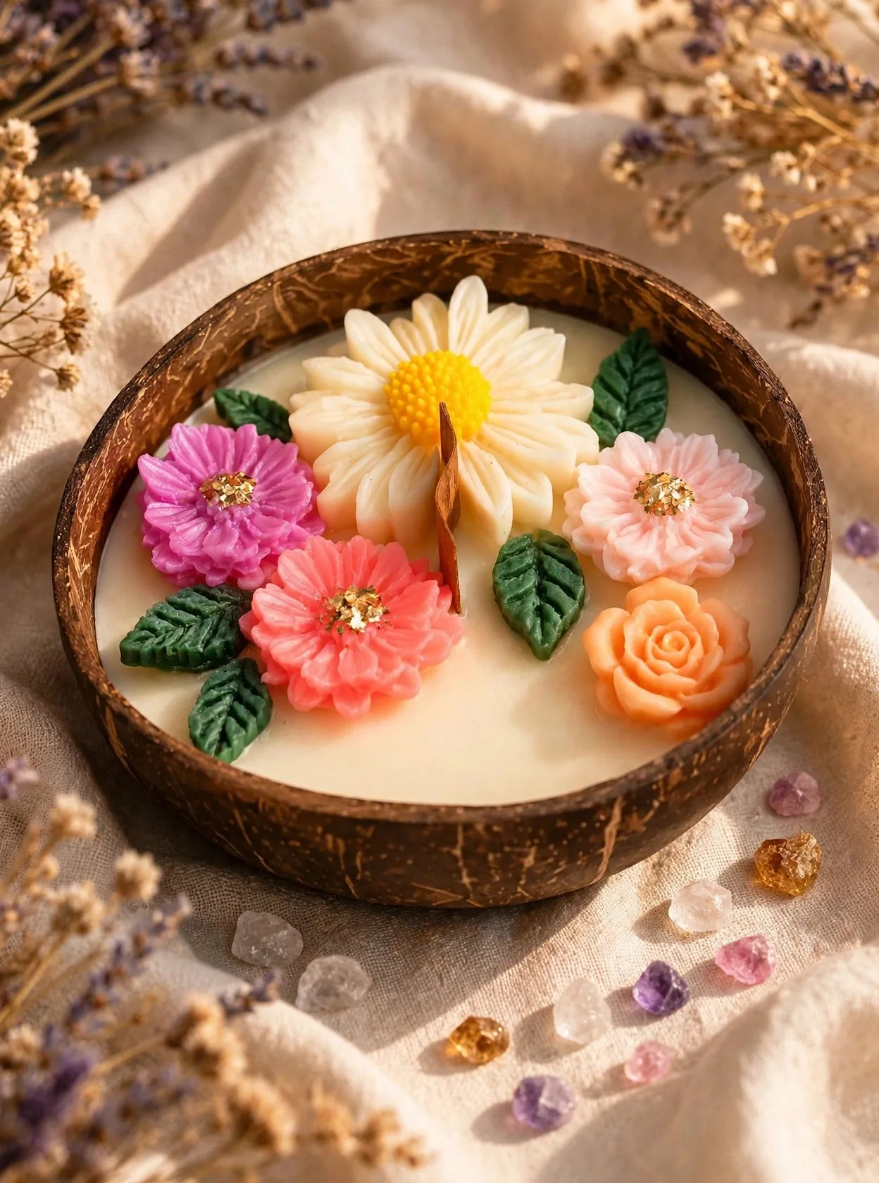 English Garden Coconut Shell Candle — styled home decor scene