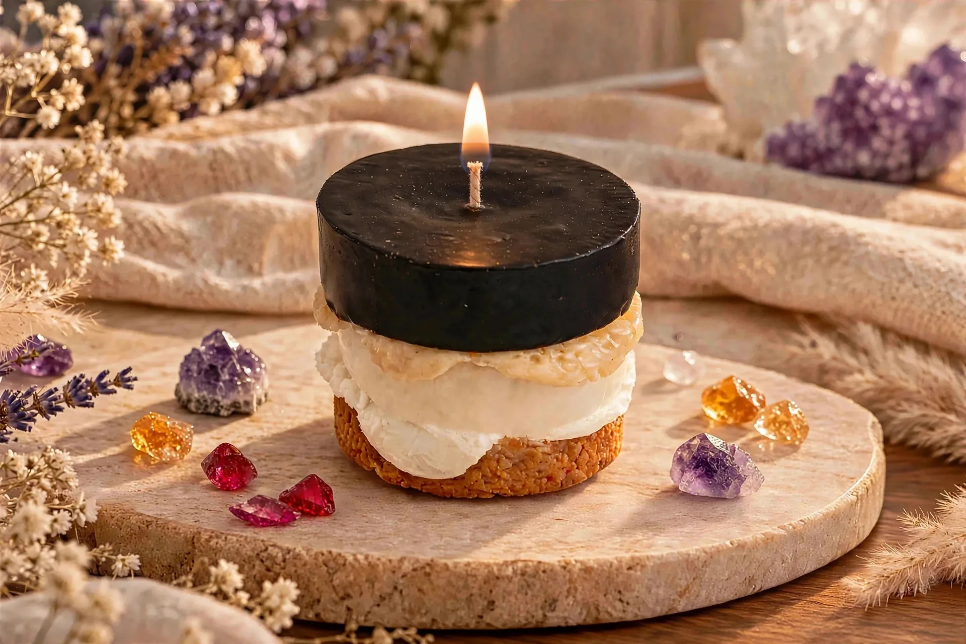 Black Raspberry Vanilla Pillar Candle | Dessert Style — lit with a warm flame