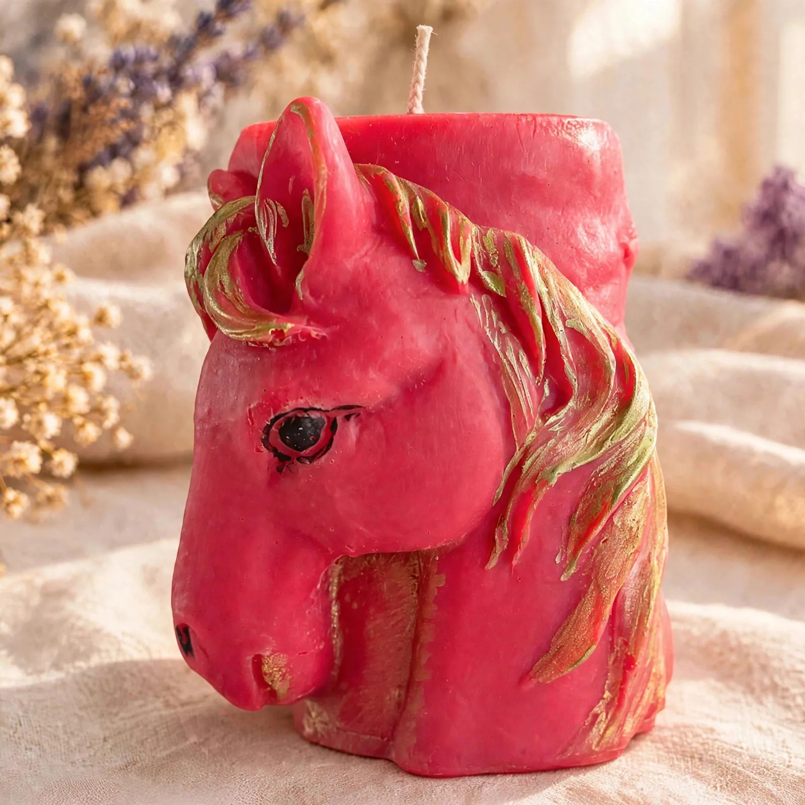 Red Fire Horse Candle — close-up detail