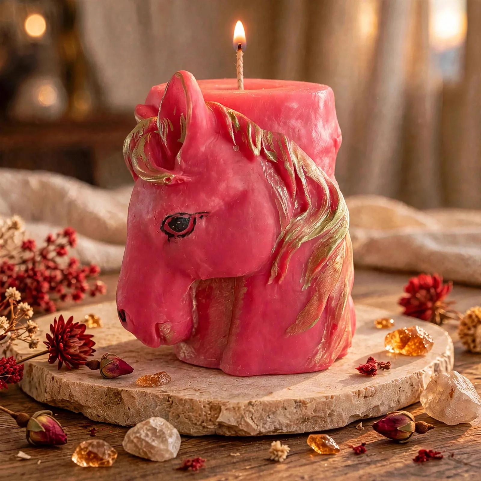 Red Fire Horse Candle — lit with a warm flame