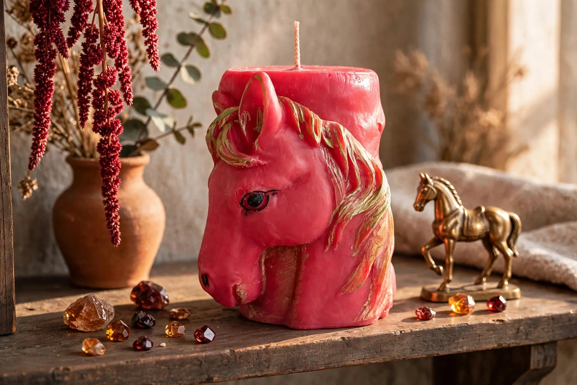 Red Fire Horse Candle — styled home decor scene
