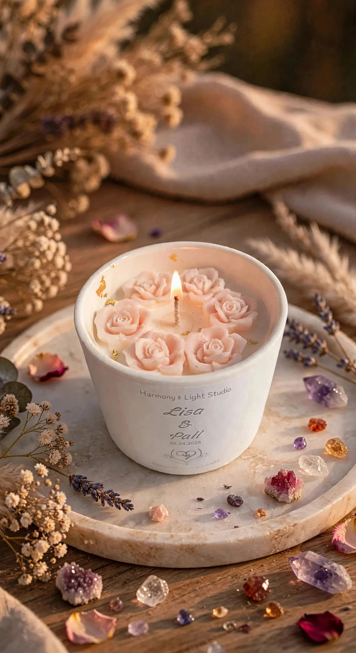 Custom Ceramic Wedding Soy Candle — lit with a warm flame