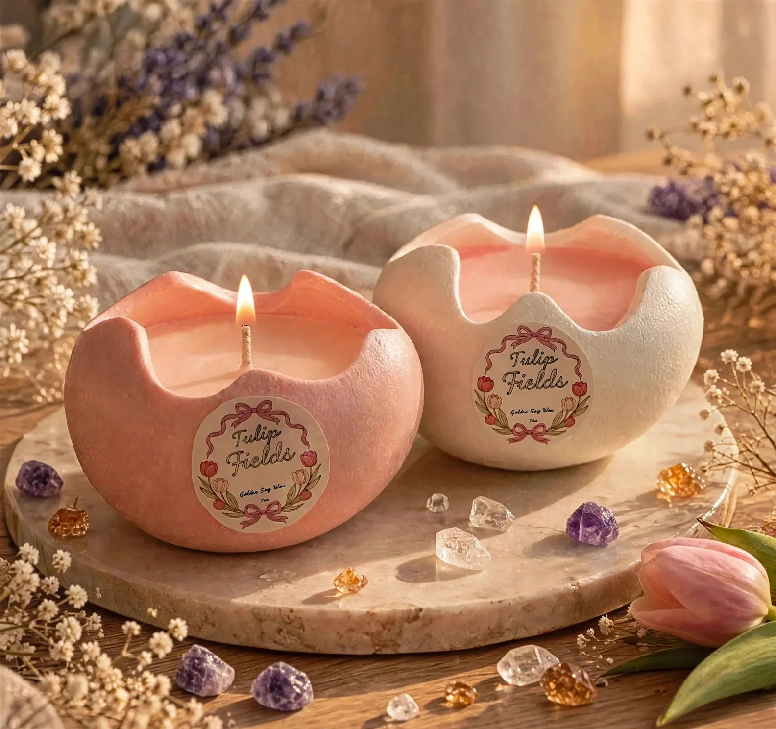 Tulip Candle Handmade Jesmonite — lit with a warm flame