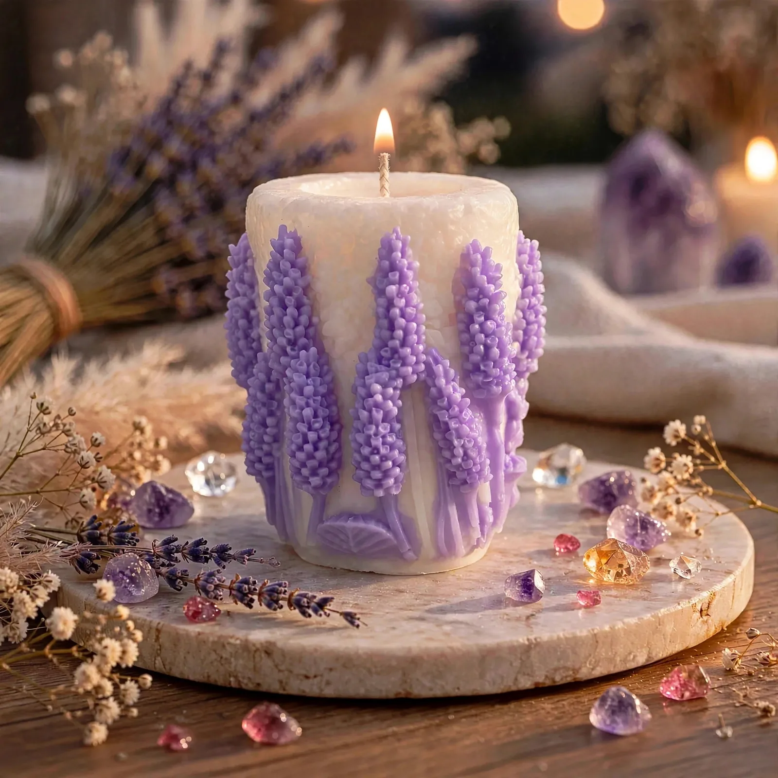 Vanilla Coconut Soy Mother's Day Lavender Crème Candle — lit with a warm flame