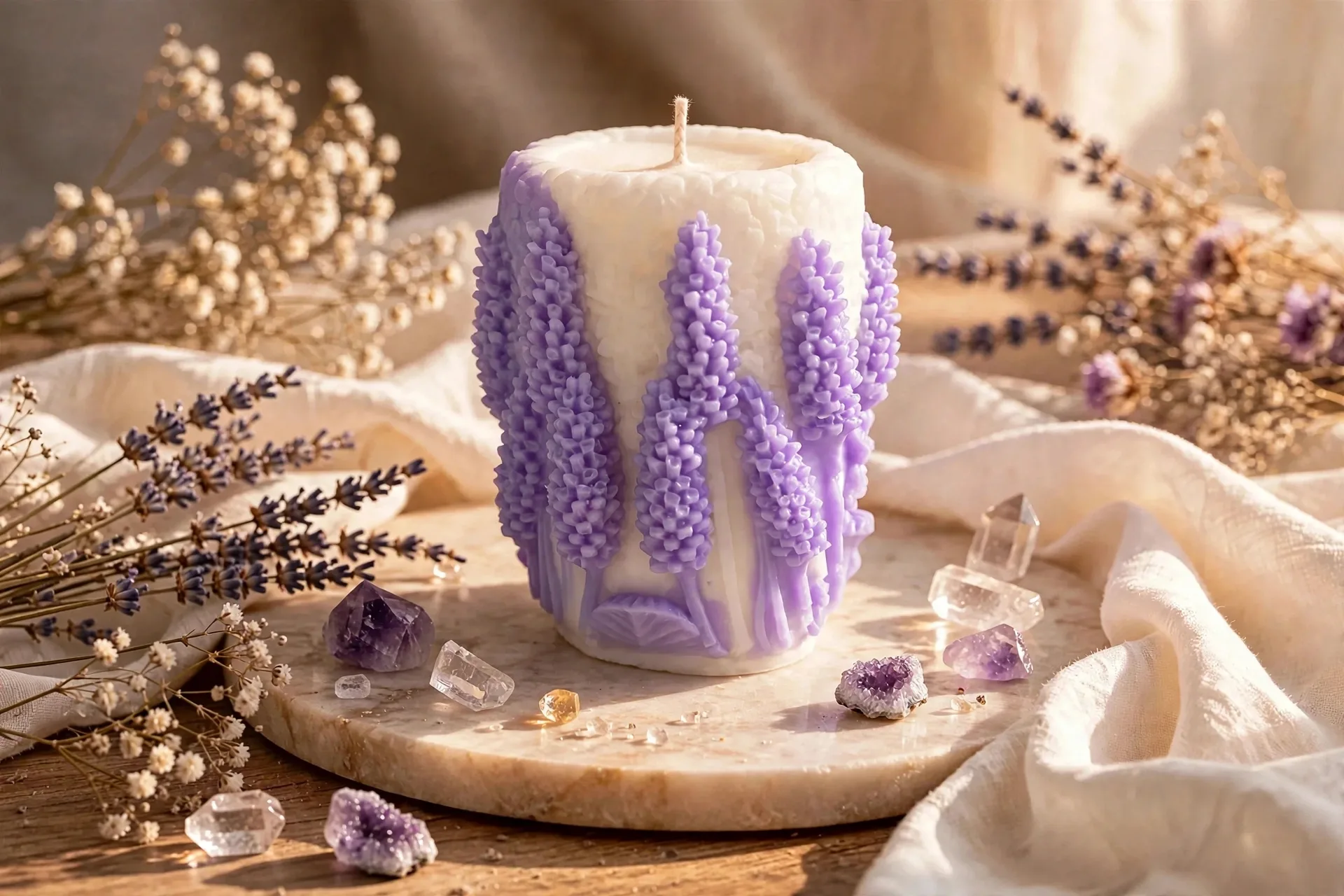 Vanilla Coconut Soy Mother's Day Lavender Crème Candle — styled home decor scene