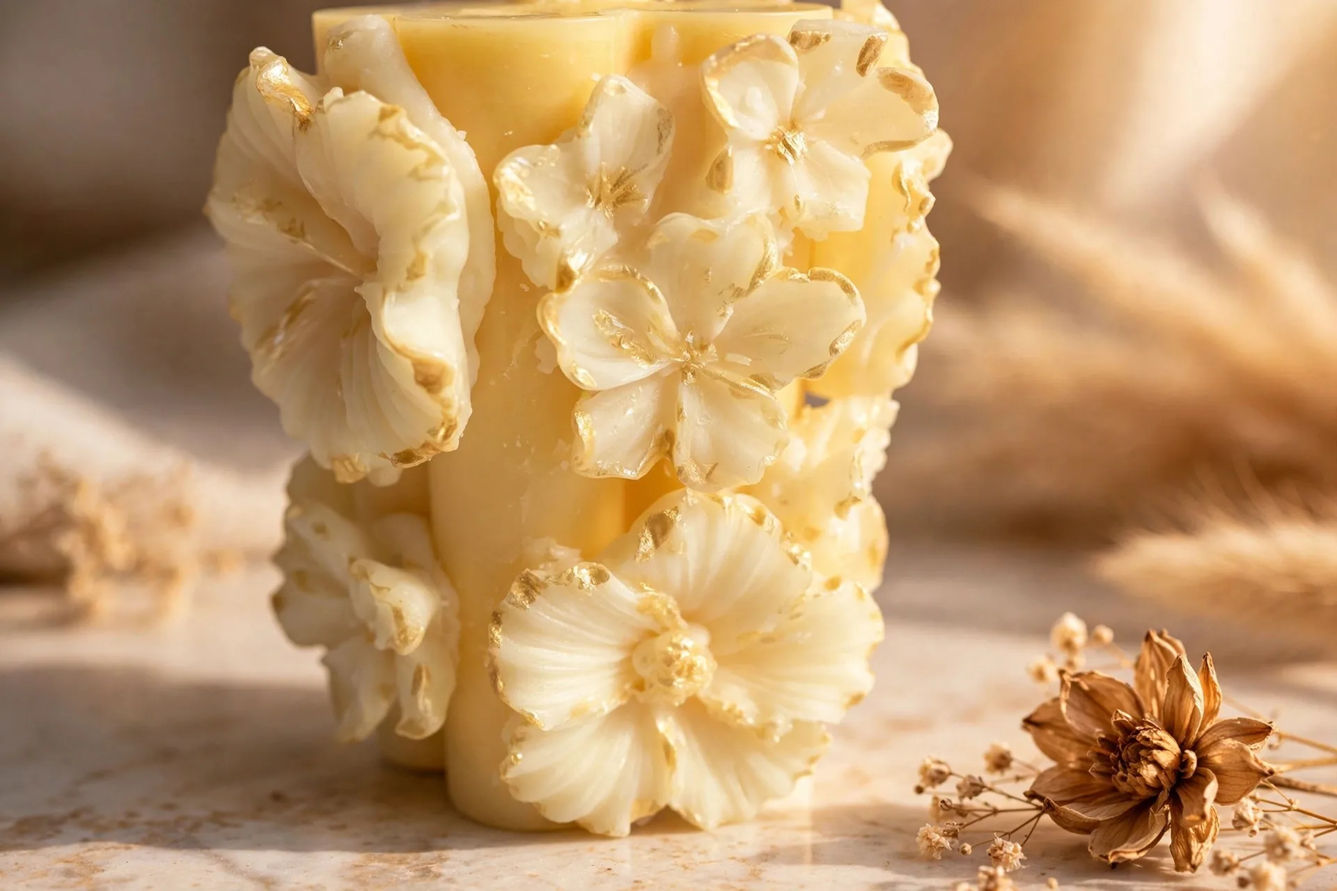 Sculpted Floral Pillar Candle – Coconut Soy — close-up detail