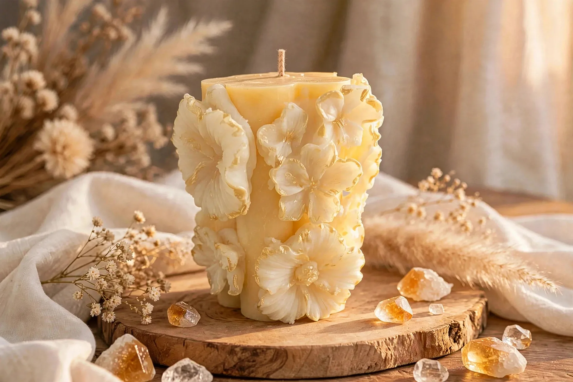 Sculpted Floral Pillar Candle – Coconut Soy, Yuzu Blossom Fragrance, Home Décor