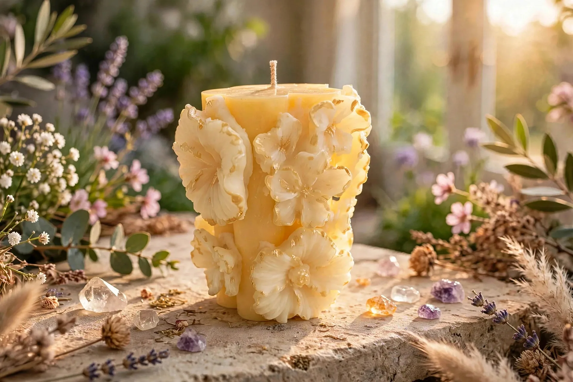 Sculpted Floral Pillar Candle – Coconut Soy — lifestyle photo
