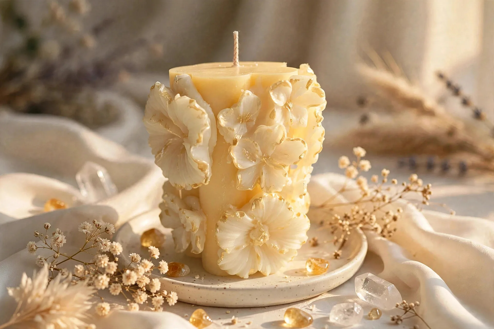 Sculpted Floral Pillar Candle – Coconut Soy — styled home decor scene