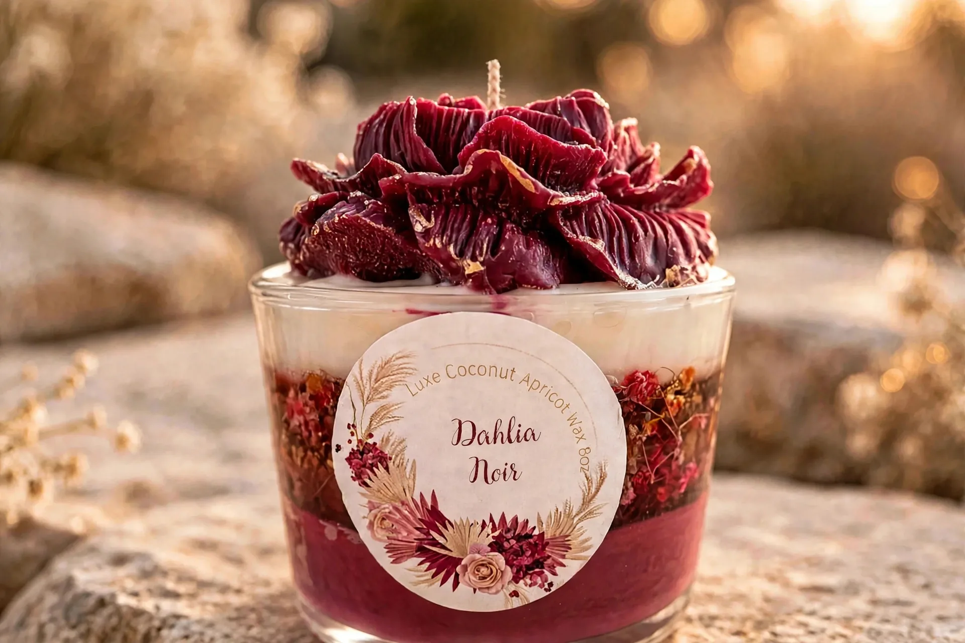 Dahlia Candle Handmade Floral Sculpted Soy Candle Dark — close-up detail