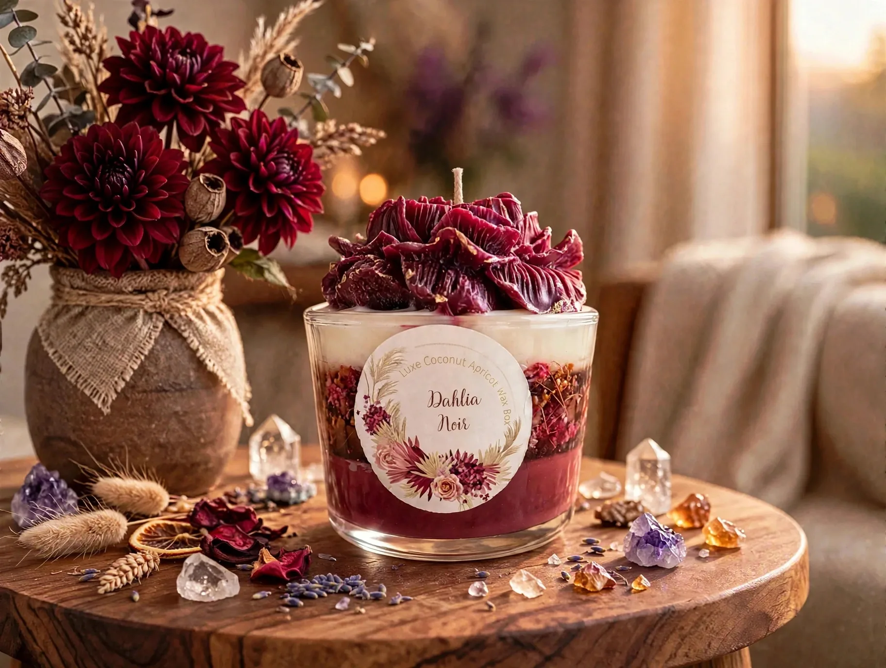 Dahlia Candle Handmade Floral Sculpted Soy Candle Dark — lifestyle photo