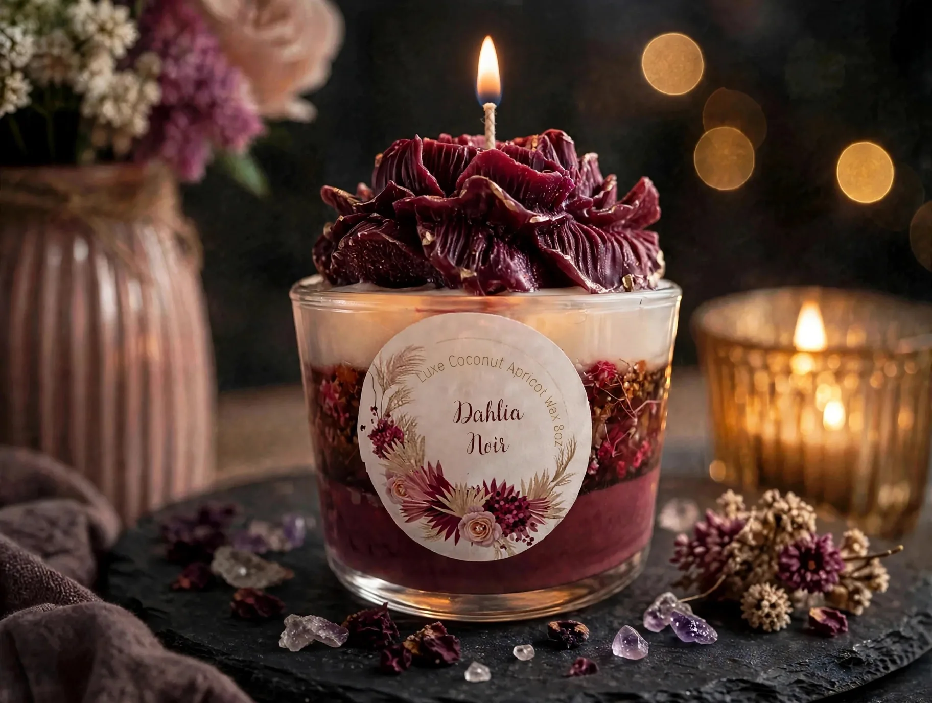Dahlia Candle Handmade Floral Sculpted Soy Candle Dark — lit with a warm flame