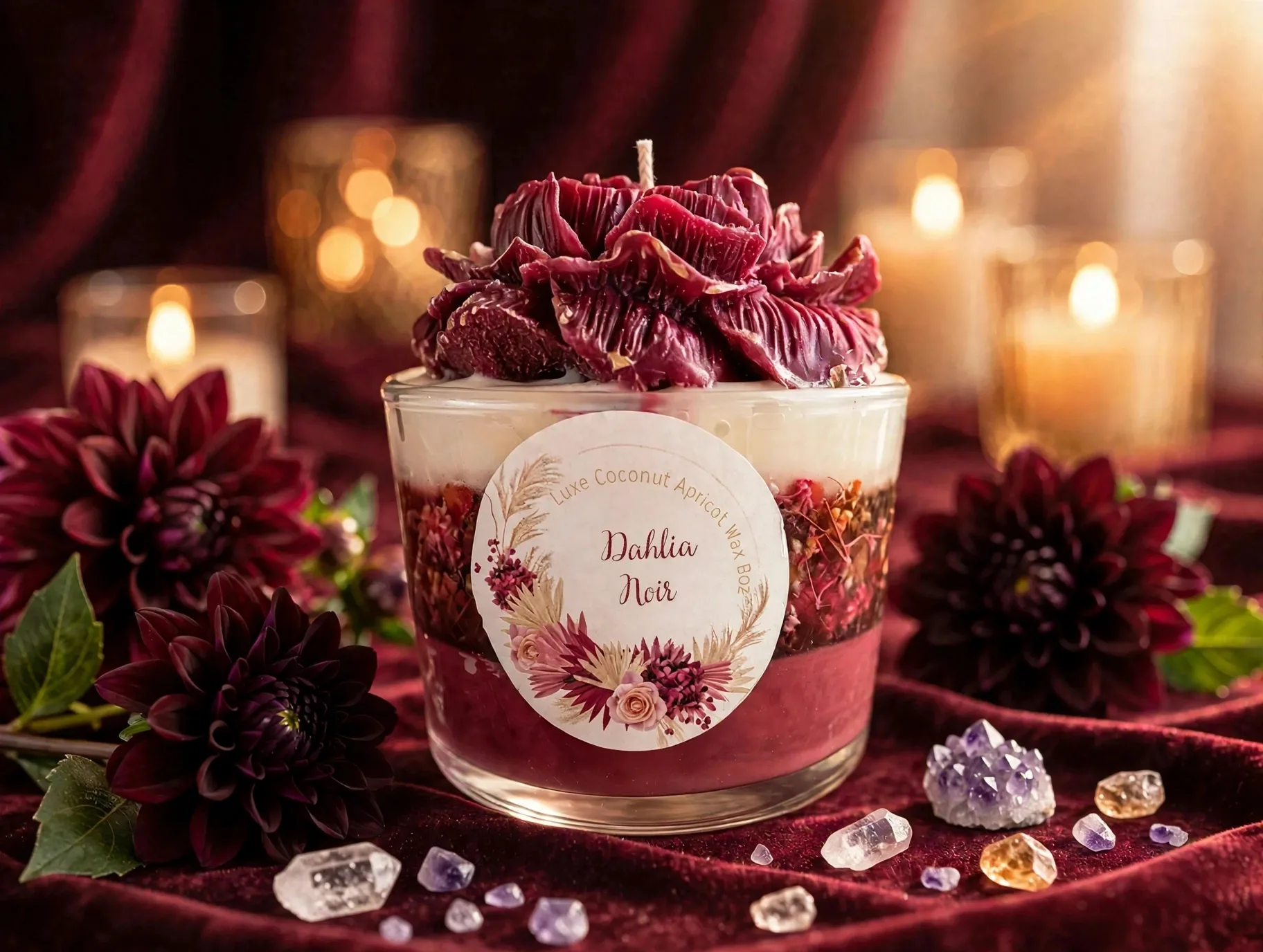 Dahlia Candle Handmade Floral Sculpted Soy Candle Dark — styled home decor scene