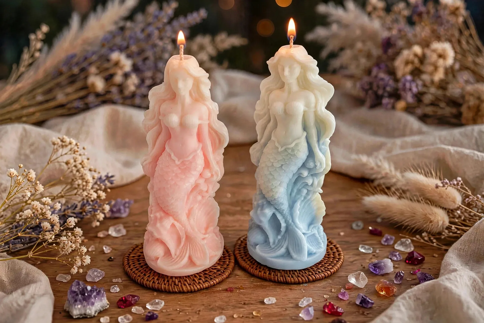 Ocean Whisper Mermaid Candle – Coconut Soy with High — lit with a warm flame