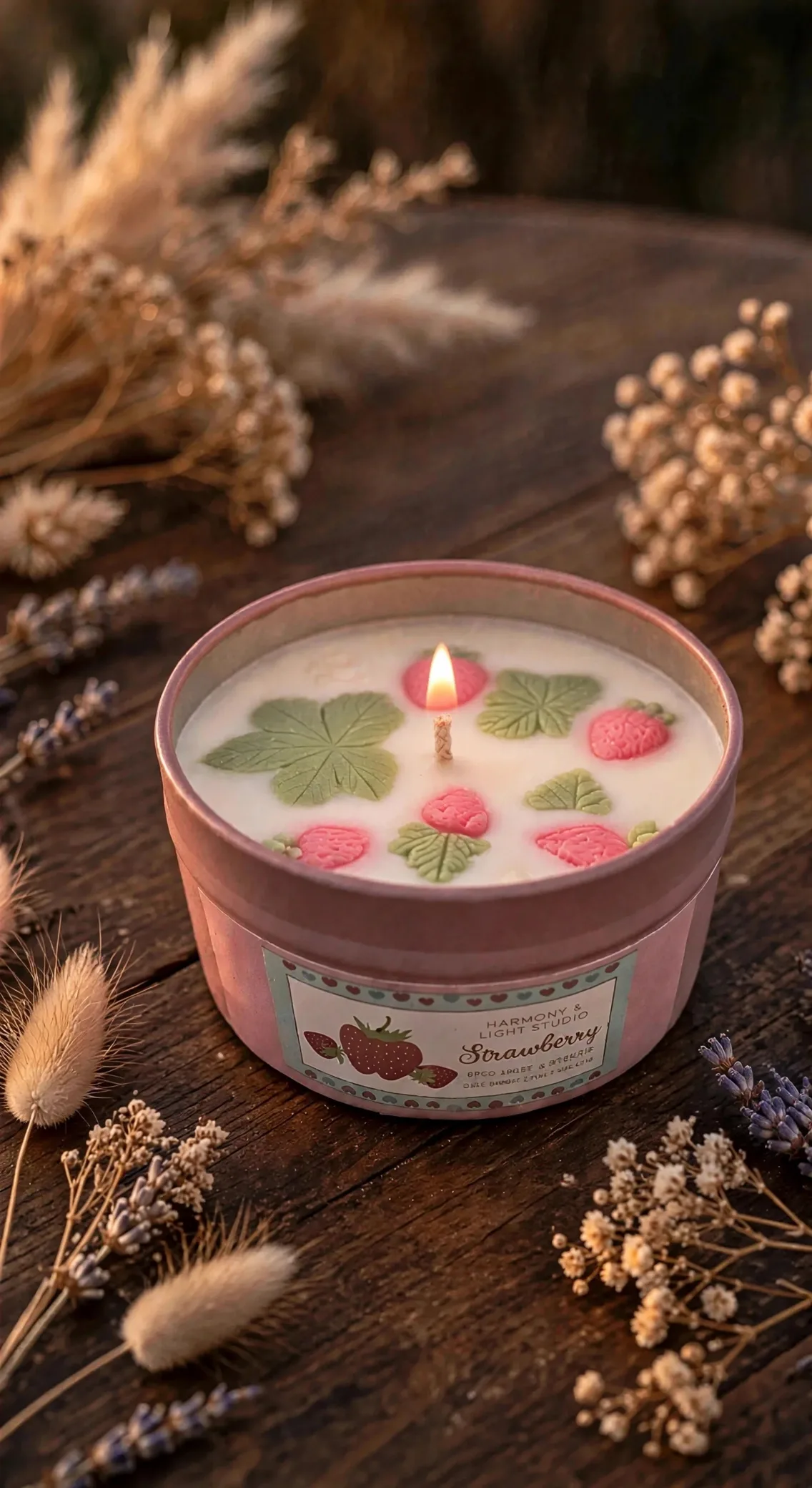 Strawberry Jam Scented Soy Wax Candle — lit with a warm flame