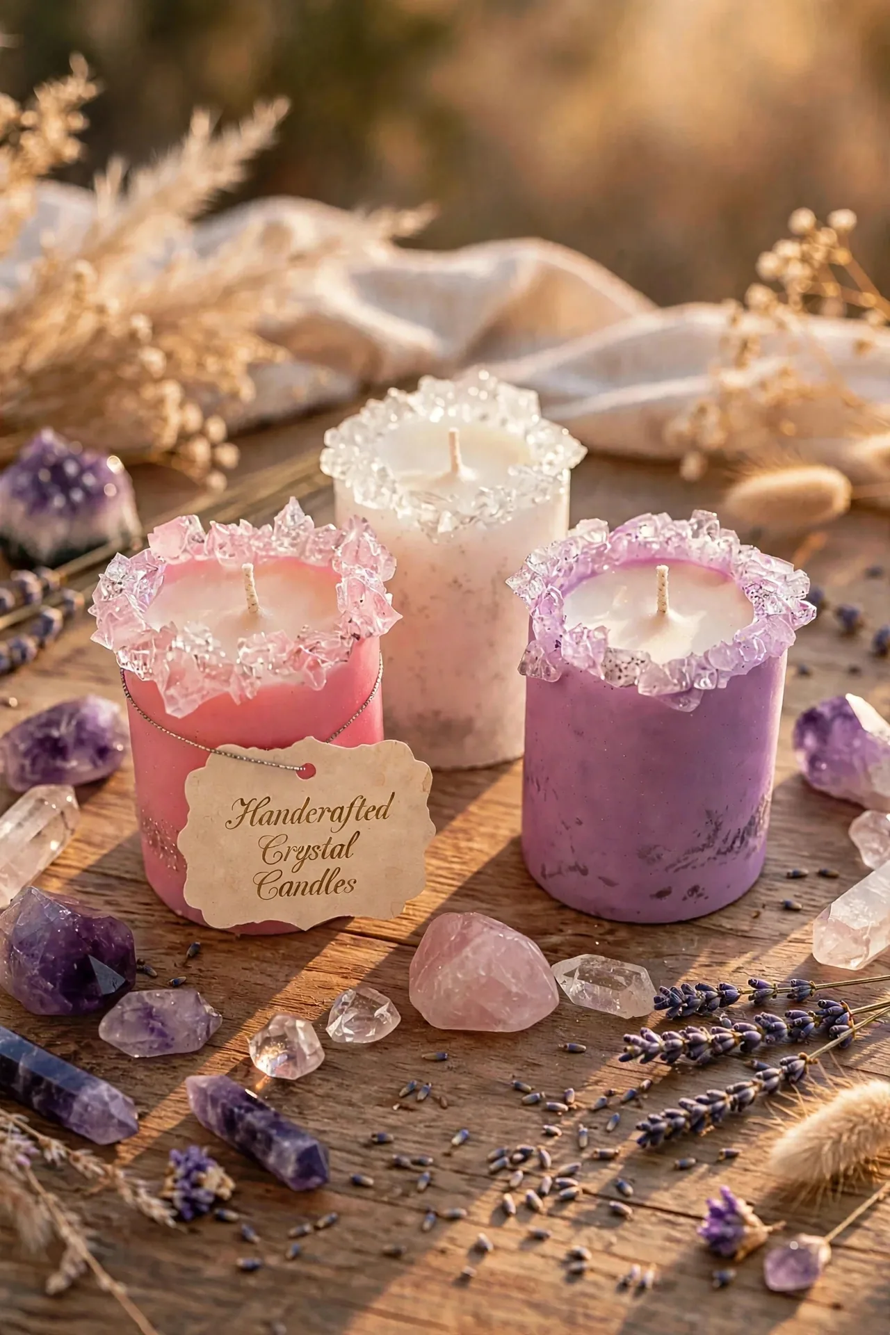 Handcrafted Crystal Pillar Candles, Coconut Soy Wax, Modern Home Decor