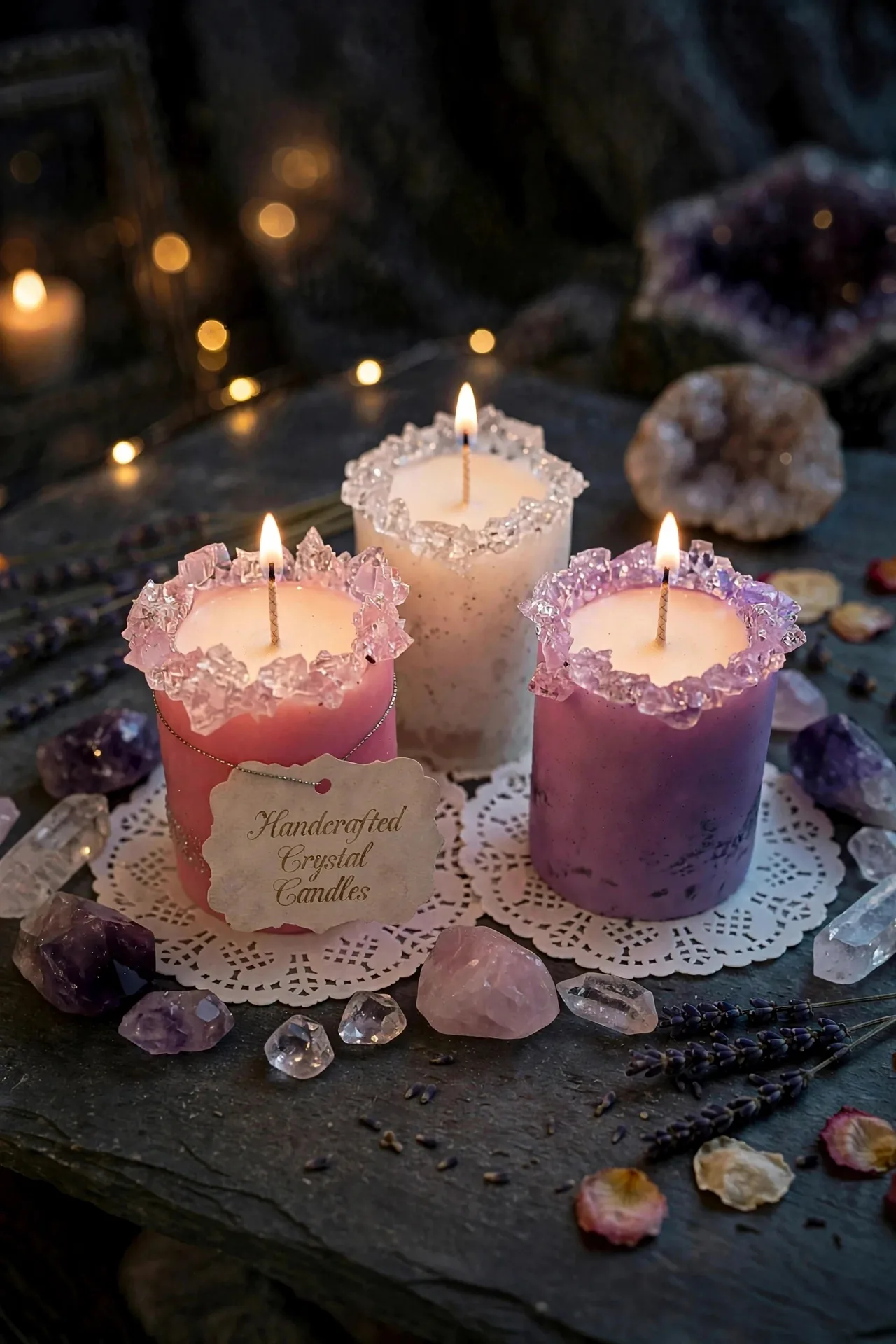 Handcrafted Crystal Pillar Candles — lit with a warm flame