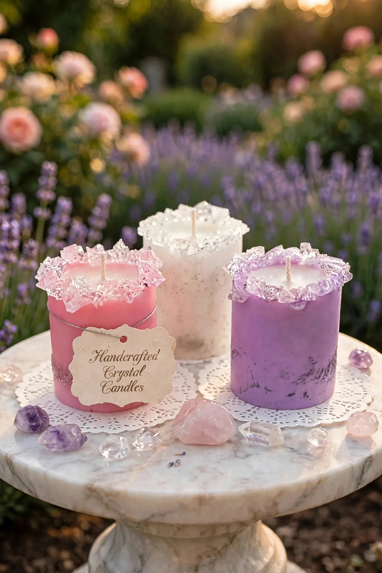 Handcrafted Crystal Pillar Candles — styled home decor scene