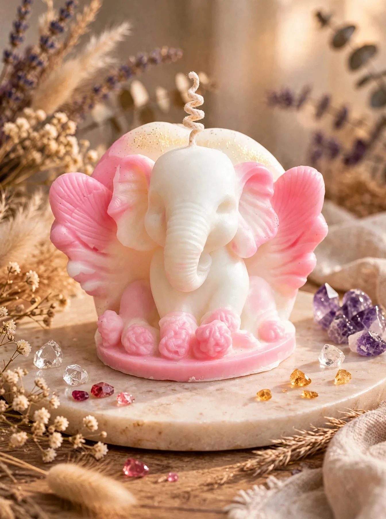 Handmade Ganesha Candle: Peach Blossom Scented, Coconut Soy Wax, Spiritual Decor