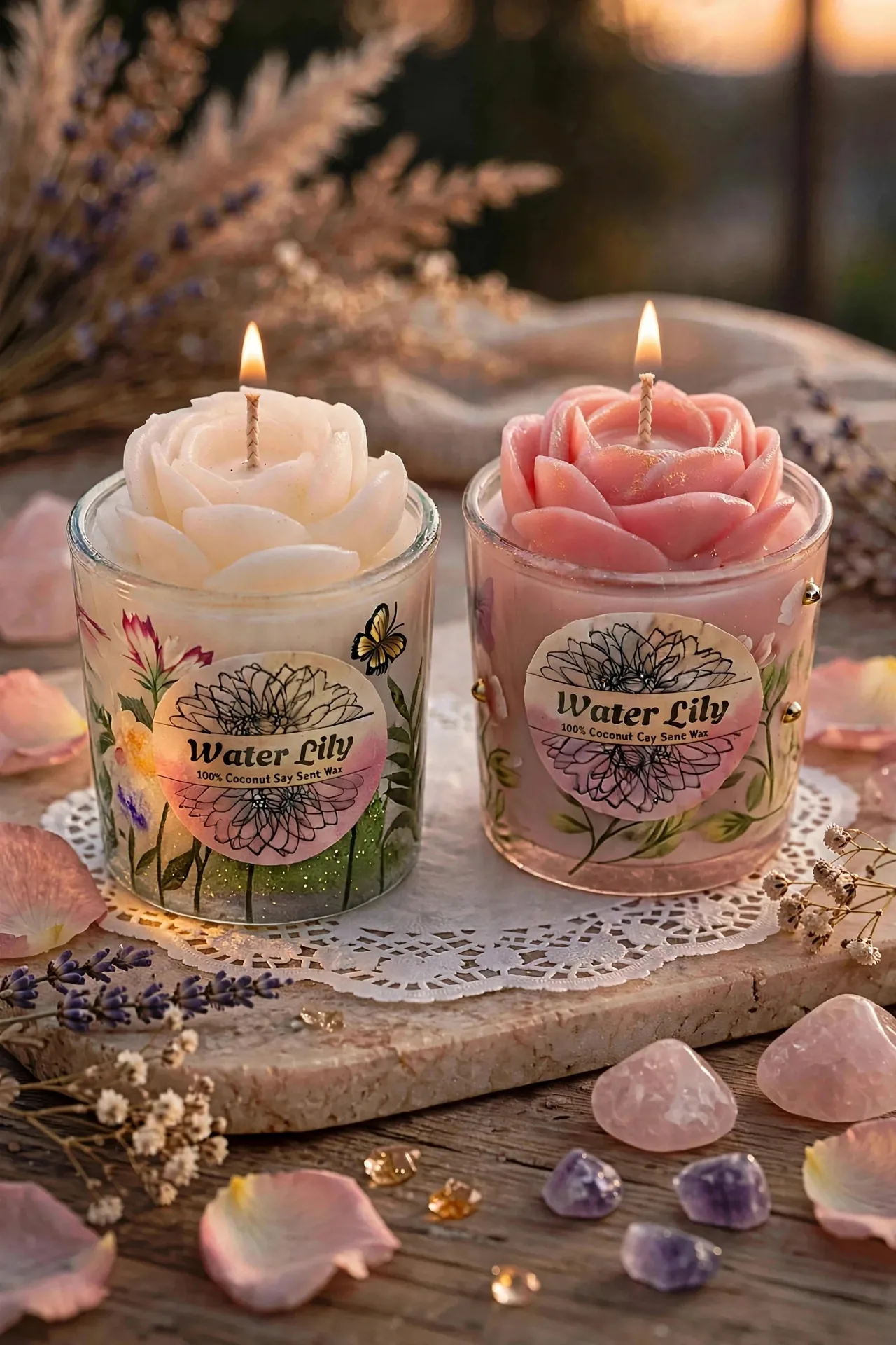 Water Lily Candle — lit with a warm flame