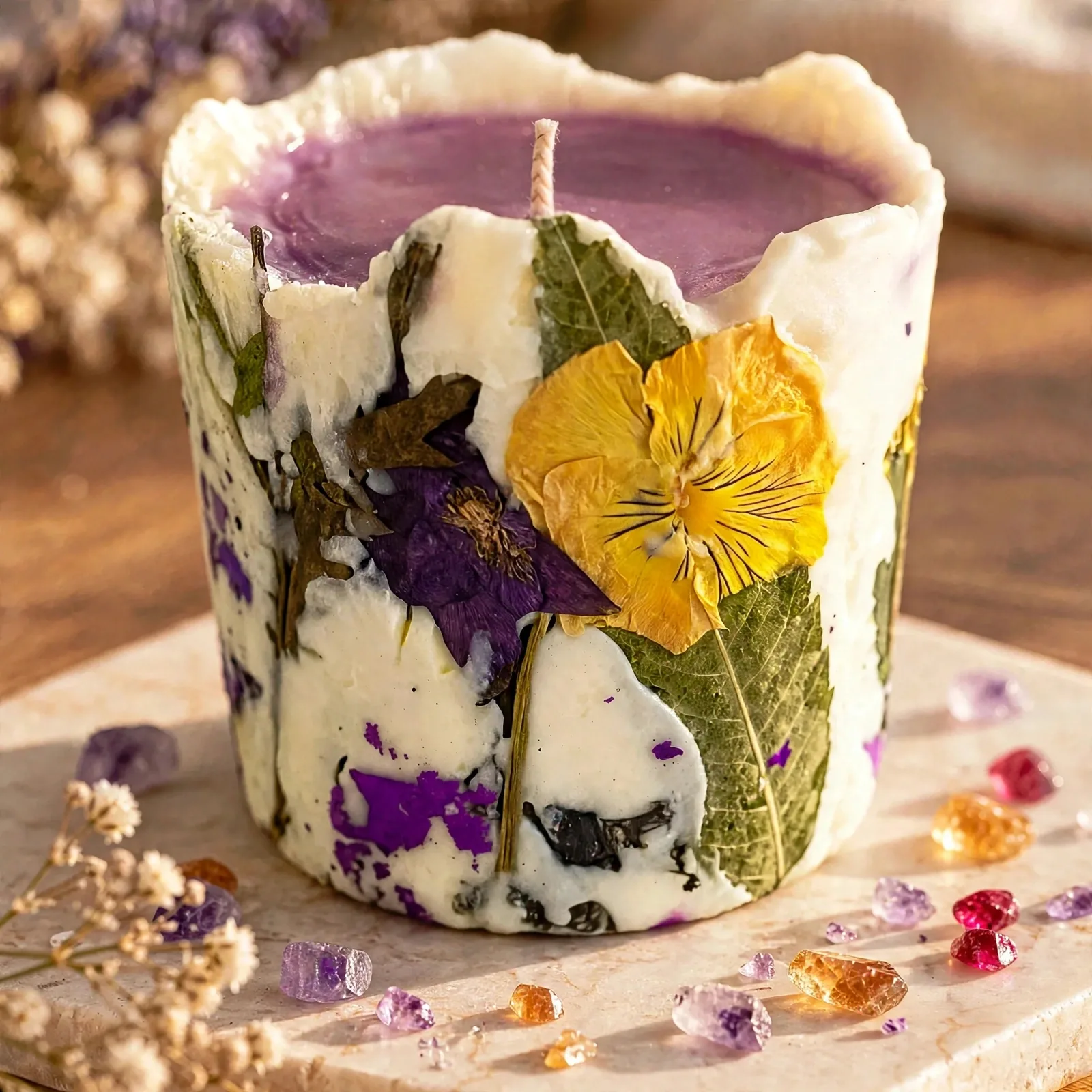 Honeysuckle Pressed Flower Pillar Candle — close-up detail