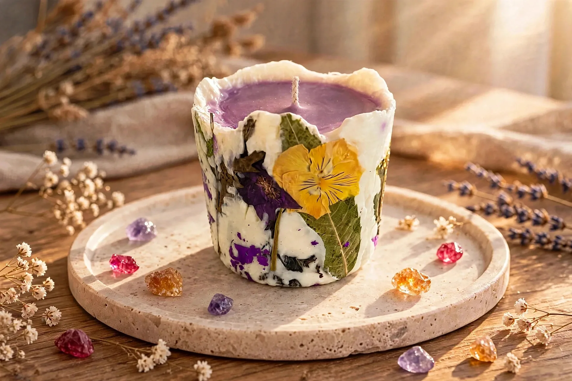 Honeysuckle Pressed Flower Pillar Candle