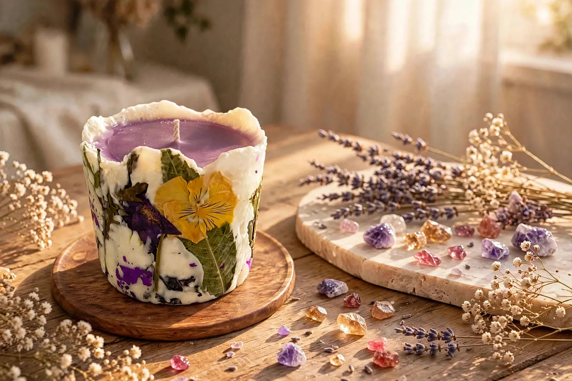 Honeysuckle Pressed Flower Pillar Candle — lifestyle photo