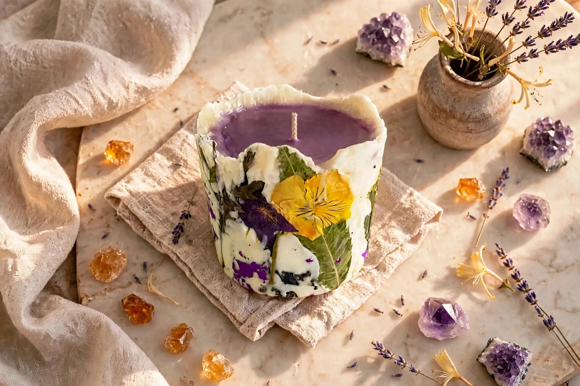 Honeysuckle Pressed Flower Pillar Candle — styled home decor scene