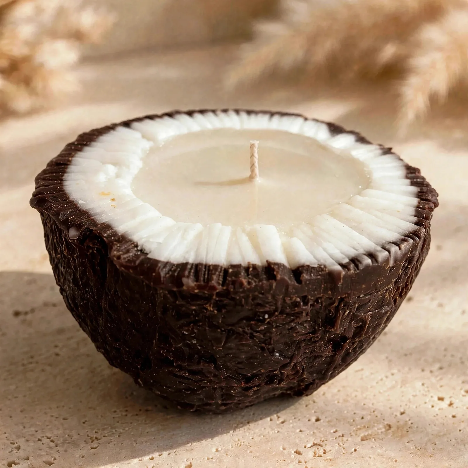 Handmade Coconut Shell Candle: Amber Scented Soy Wax — close-up detail