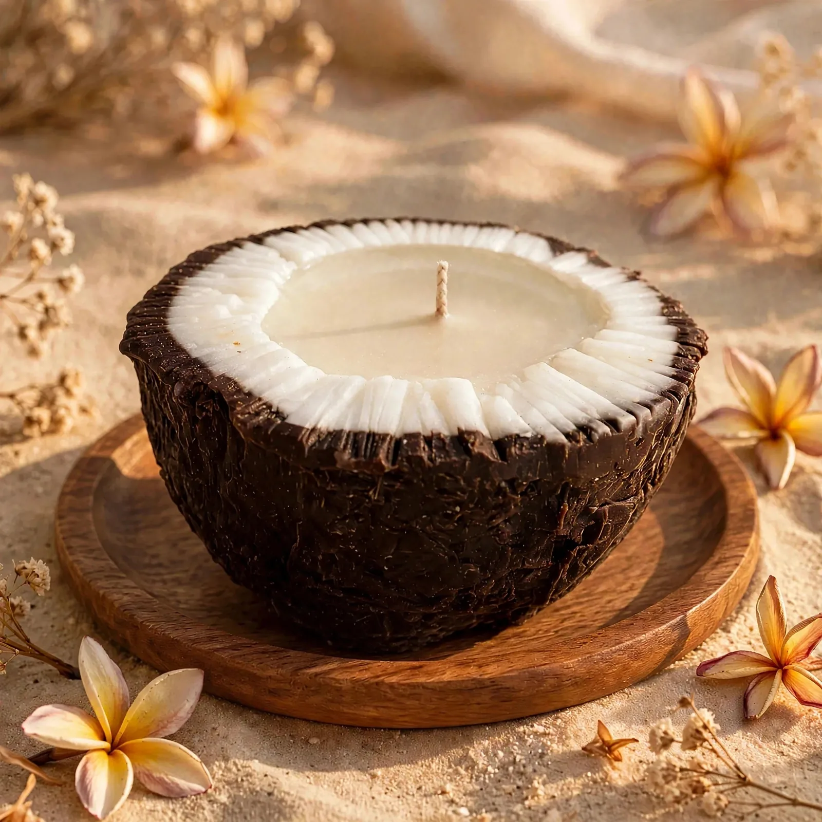 Handmade Coconut Shell Candle: Amber Scented Soy Wax, Coastal Boho Decor