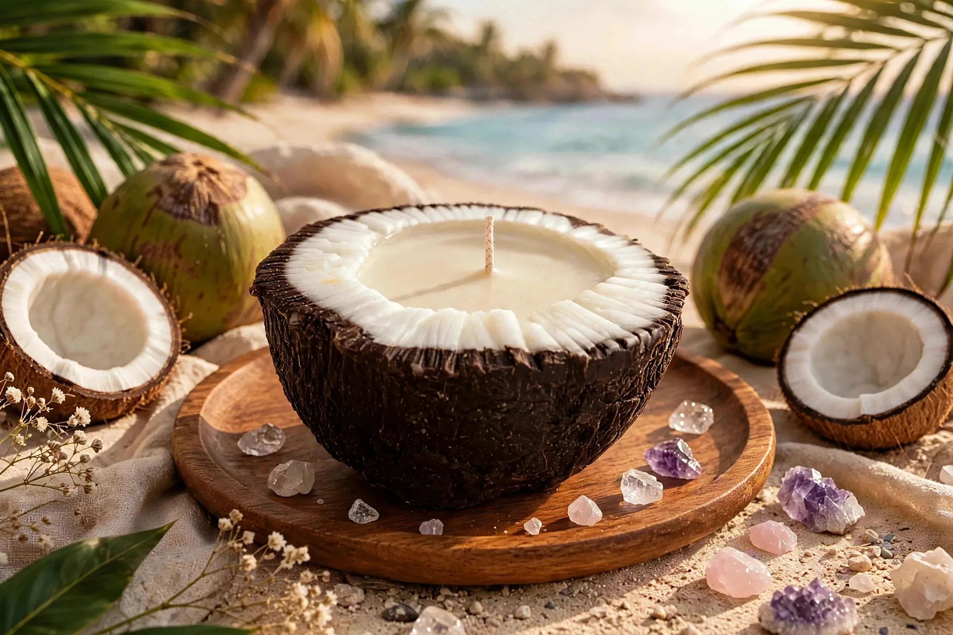 Handmade Coconut Shell Candle: Amber Scented Soy Wax — lifestyle photo
