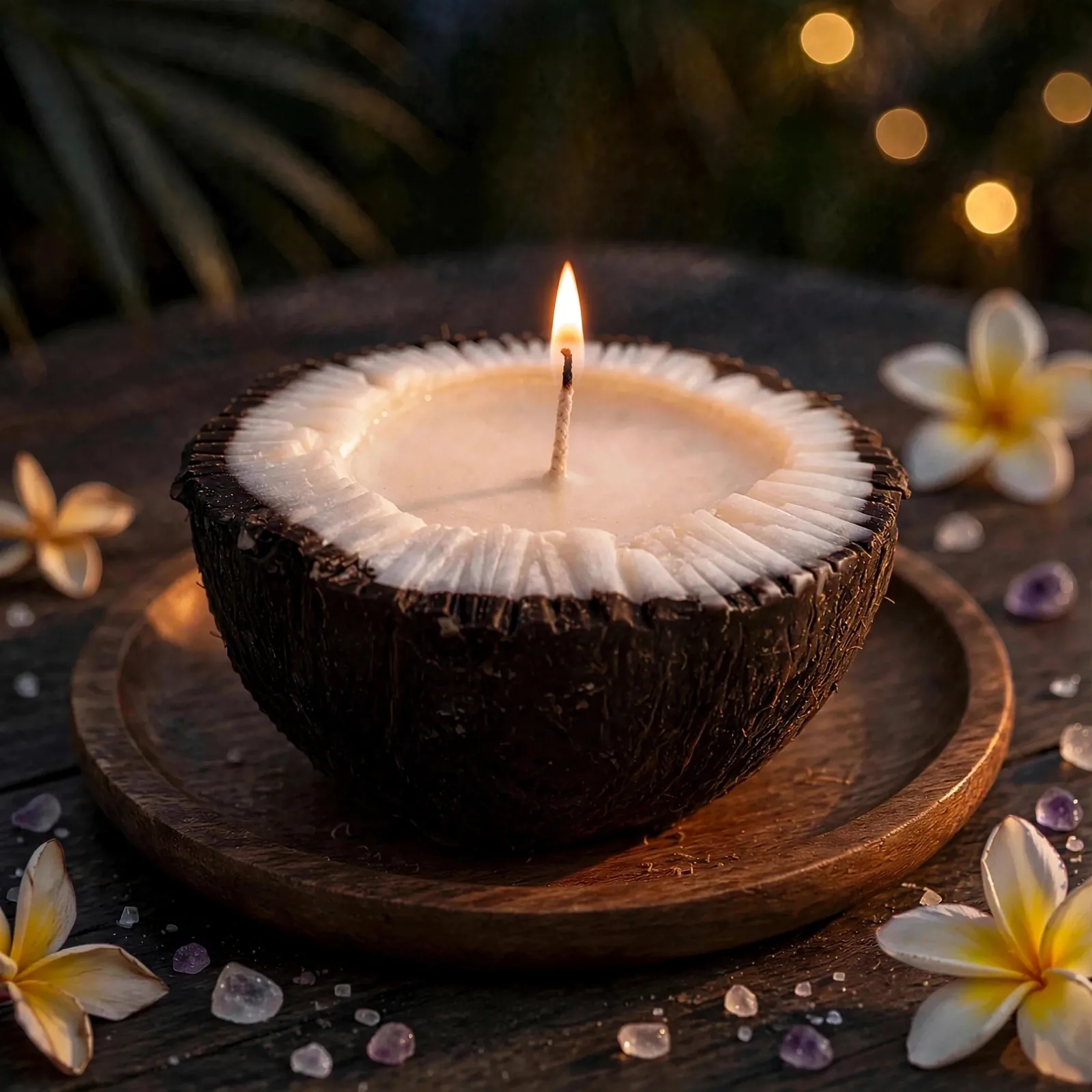Handmade Coconut Shell Candle: Amber Scented Soy Wax — lit with a warm flame