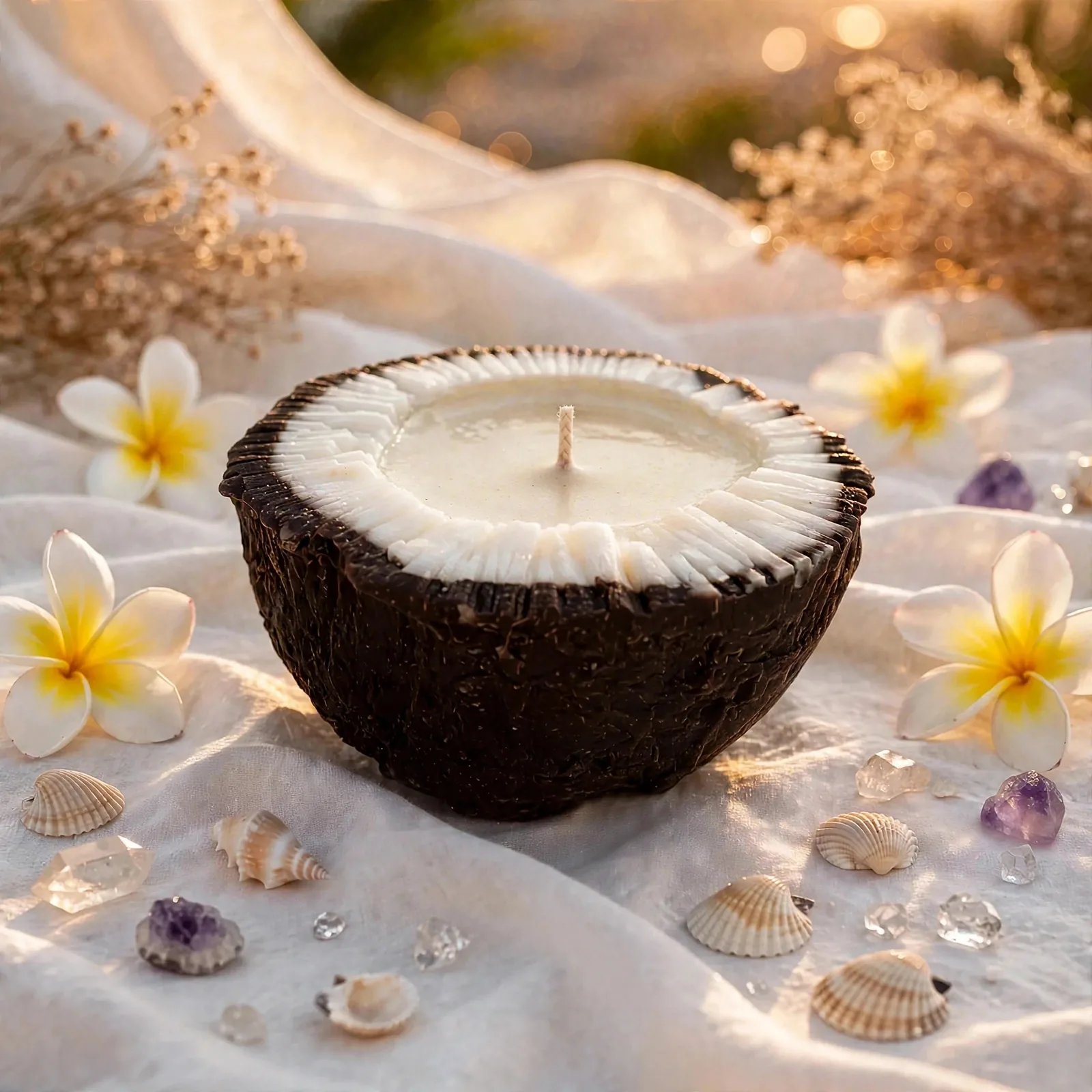 Handmade Coconut Shell Candle: Amber Scented Soy Wax — styled home decor scene