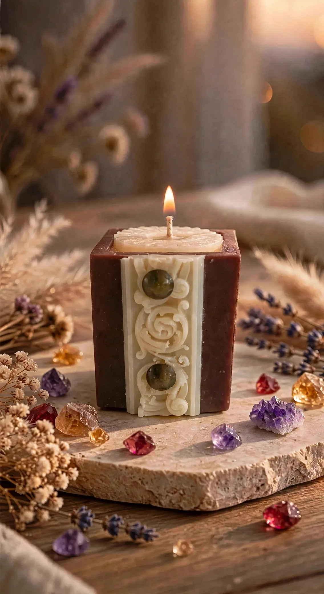 Handmade Limoncello Pillar Candle — lit with a warm flame