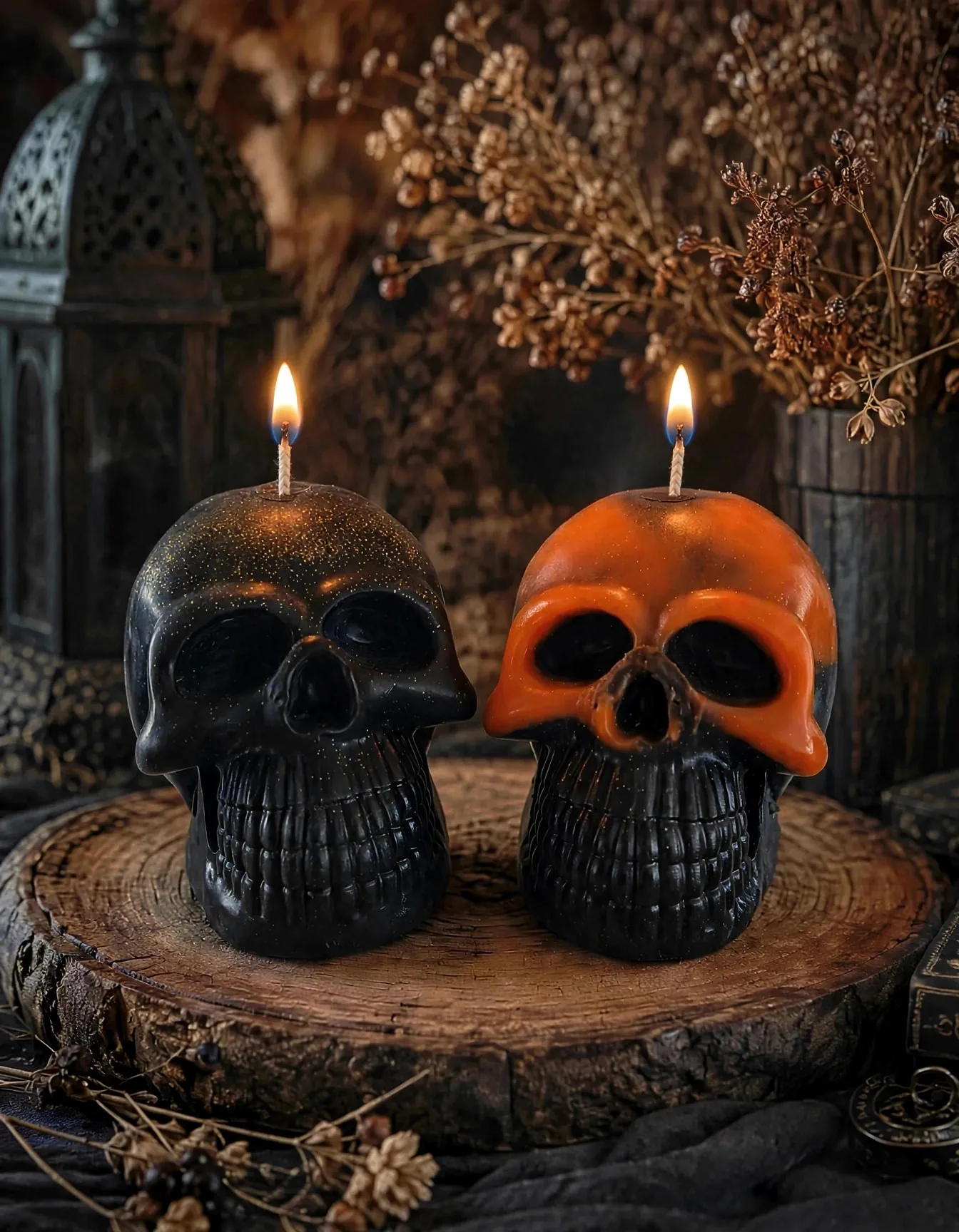 Skull Candle — lit with a warm flame