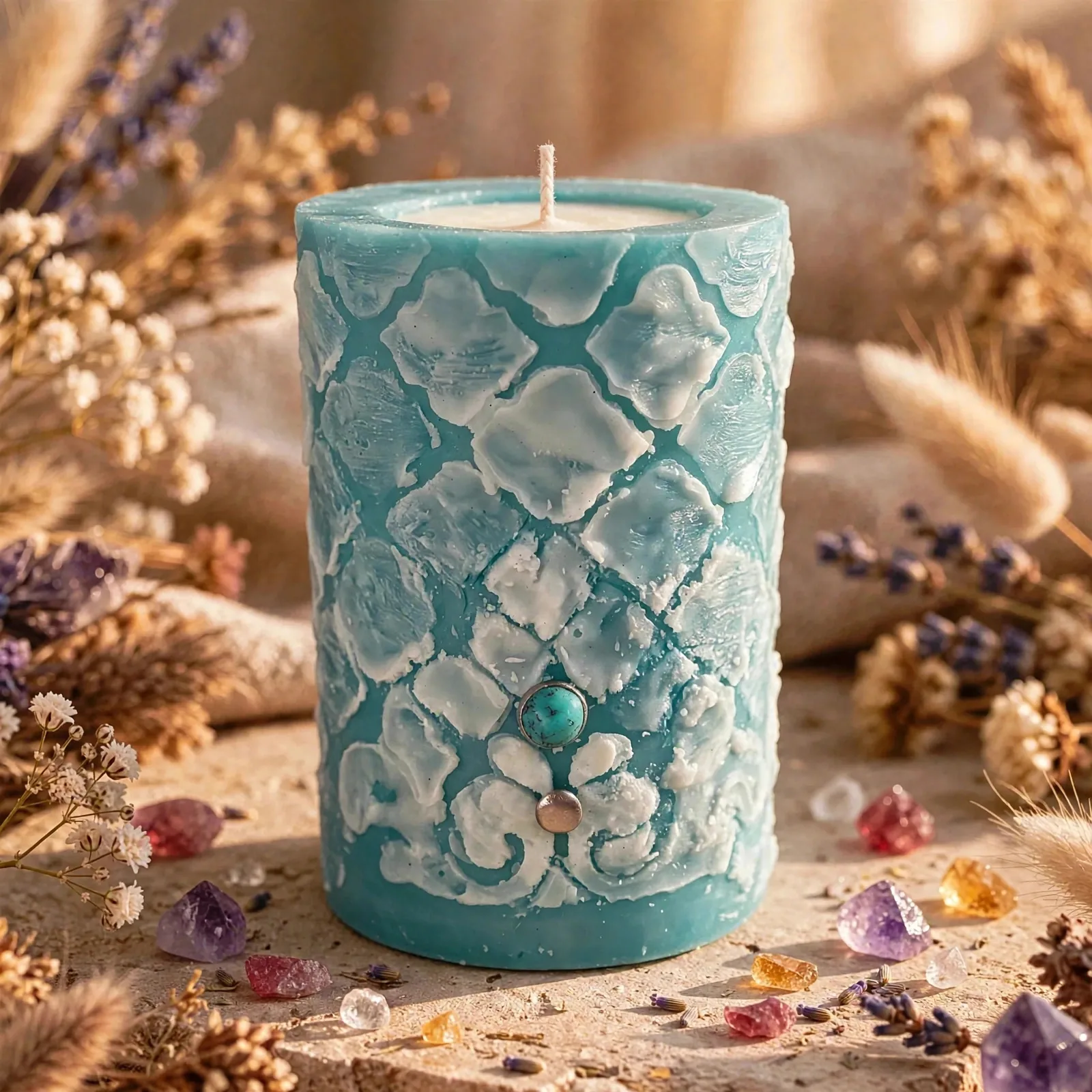 Coconut Soy Pillar Candle with Matcha and Bergamot Fragrance — close-up detail