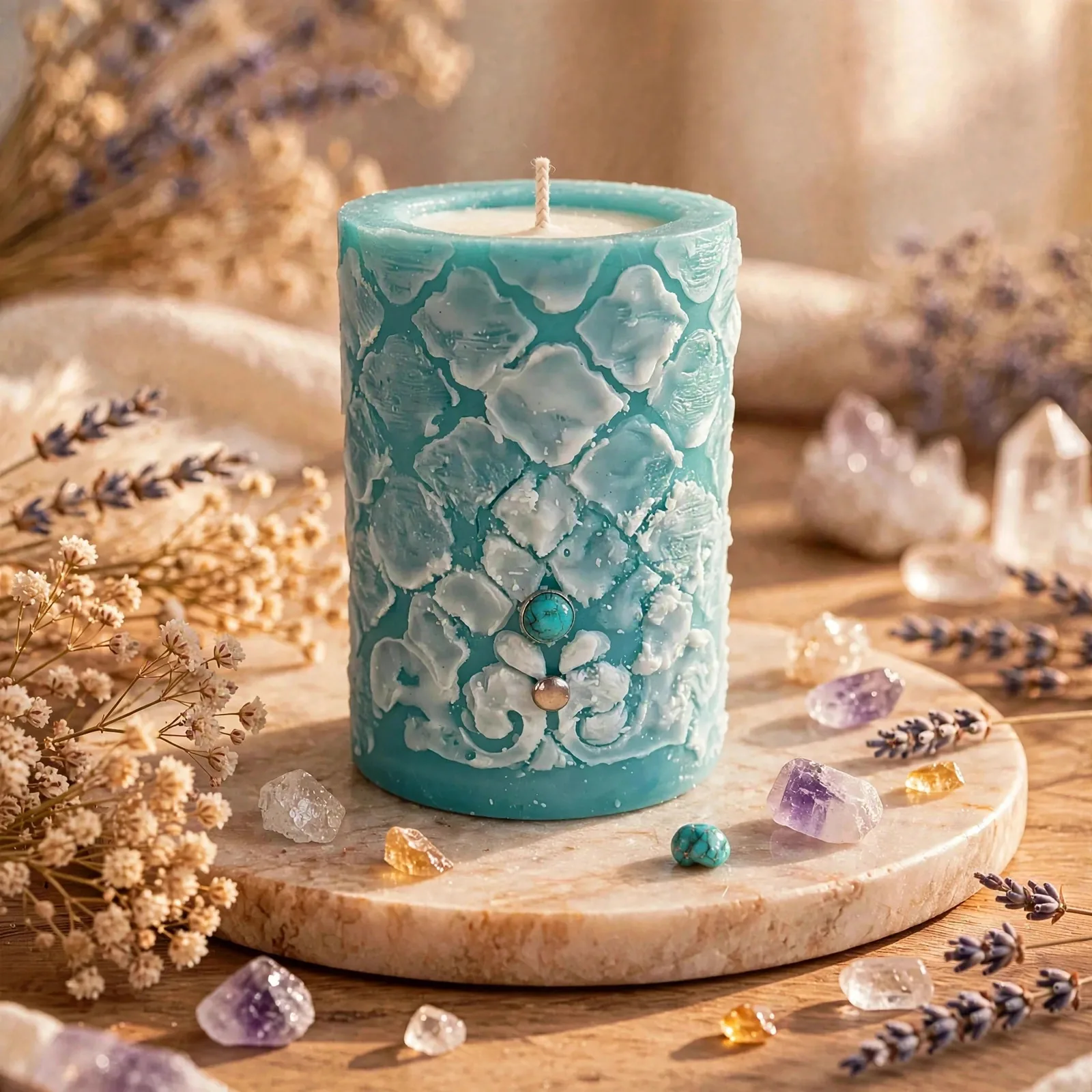 Coconut Soy Pillar Candle with Matcha and Bergamot Fragrance, Handmade Decorative Blue Candle