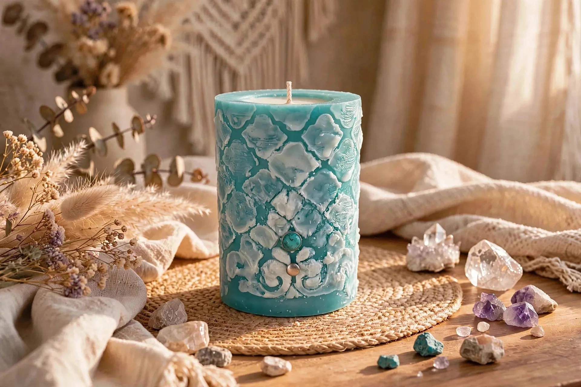 Coconut Soy Pillar Candle with Matcha and Bergamot Fragrance — lifestyle photo