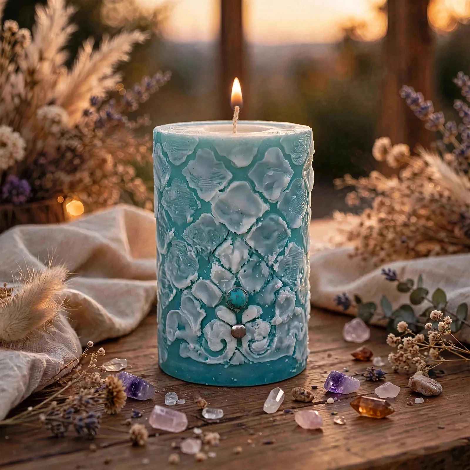Coconut Soy Pillar Candle with Matcha and Bergamot Fragrance — lit with a warm flame